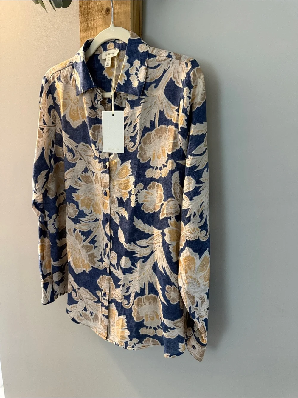 Tamara H. Navy Blue Shirt with Gold and Cream Floral Print, NWTs